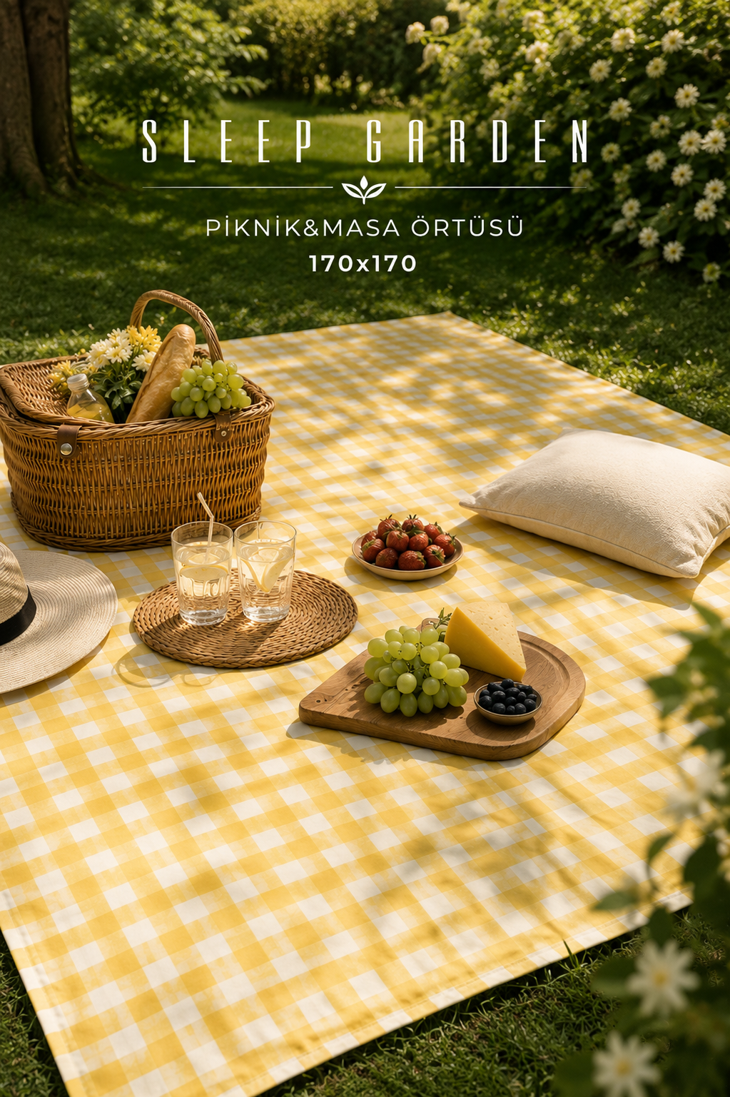 Sleep Garden Çok Amaçlı Masa Örtüsü Piknik, Kamp, Plaj Sofra Örtüsü Pötikareli Yıkanabilir 170x170 SarıSleep Garden