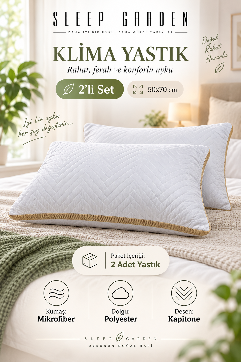 Sleep Garden Klimalı Kapitoneli Antialerjik Yastık 50x70 cm 800 Gr 2 AdetSleep Garden