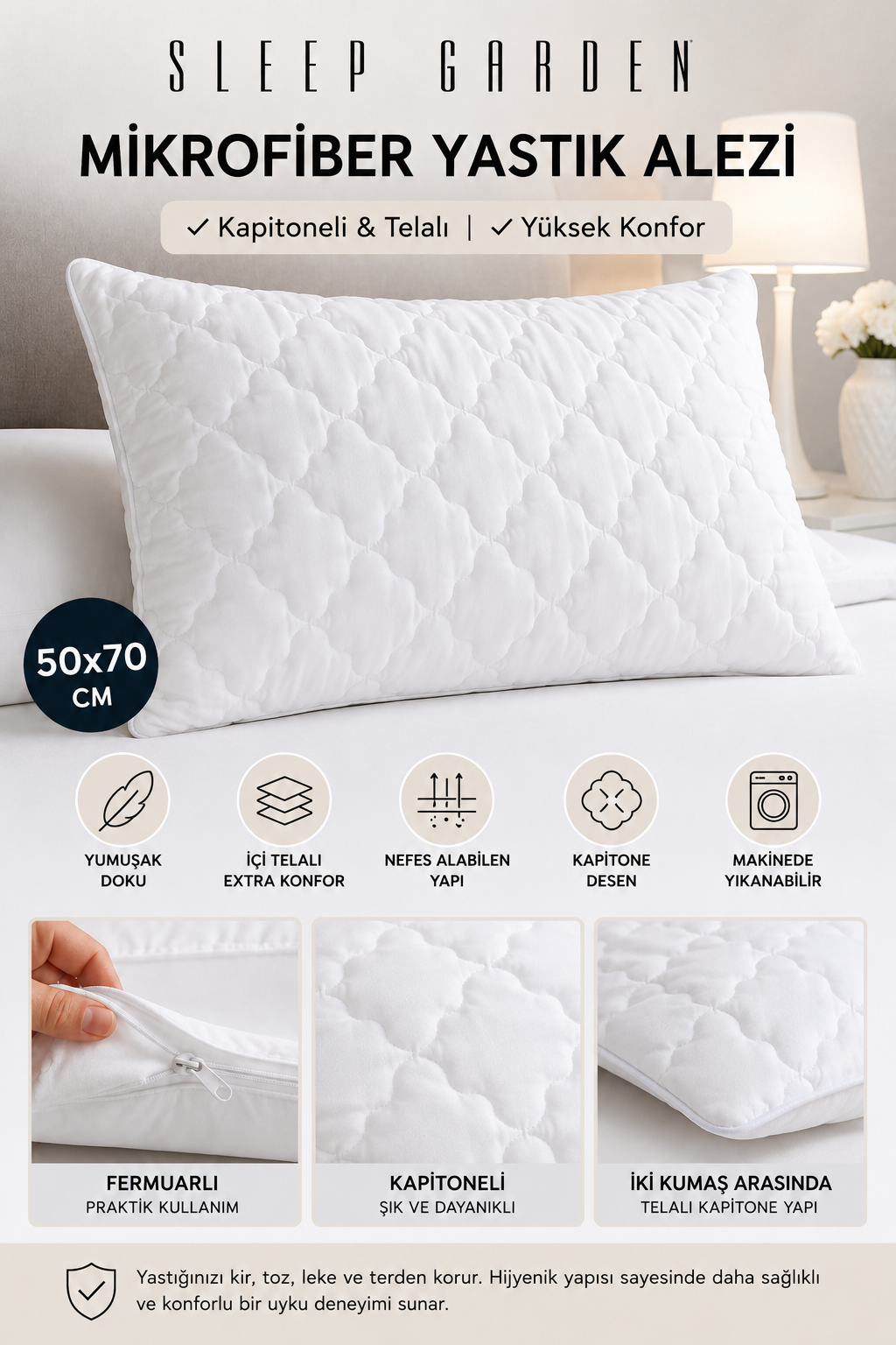 Sleep Garden Microfiber Kapitoneli Yüksek Kalite Yastık Alezi 50x70 Sleep Garden Microfiber Yastık Korucu Alez Telalı 1 AdetSleep Garden