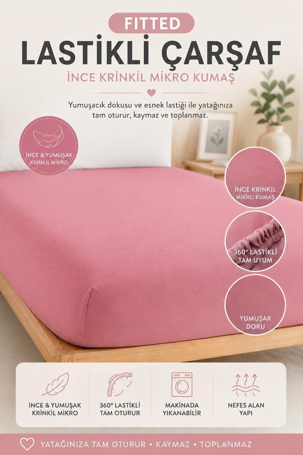 Sleep Garden Premium Krinkıl Lastikli Çarşaf Nefes Alan Yumuşak Kumaş Tam Kenar LastikliSleep Garden