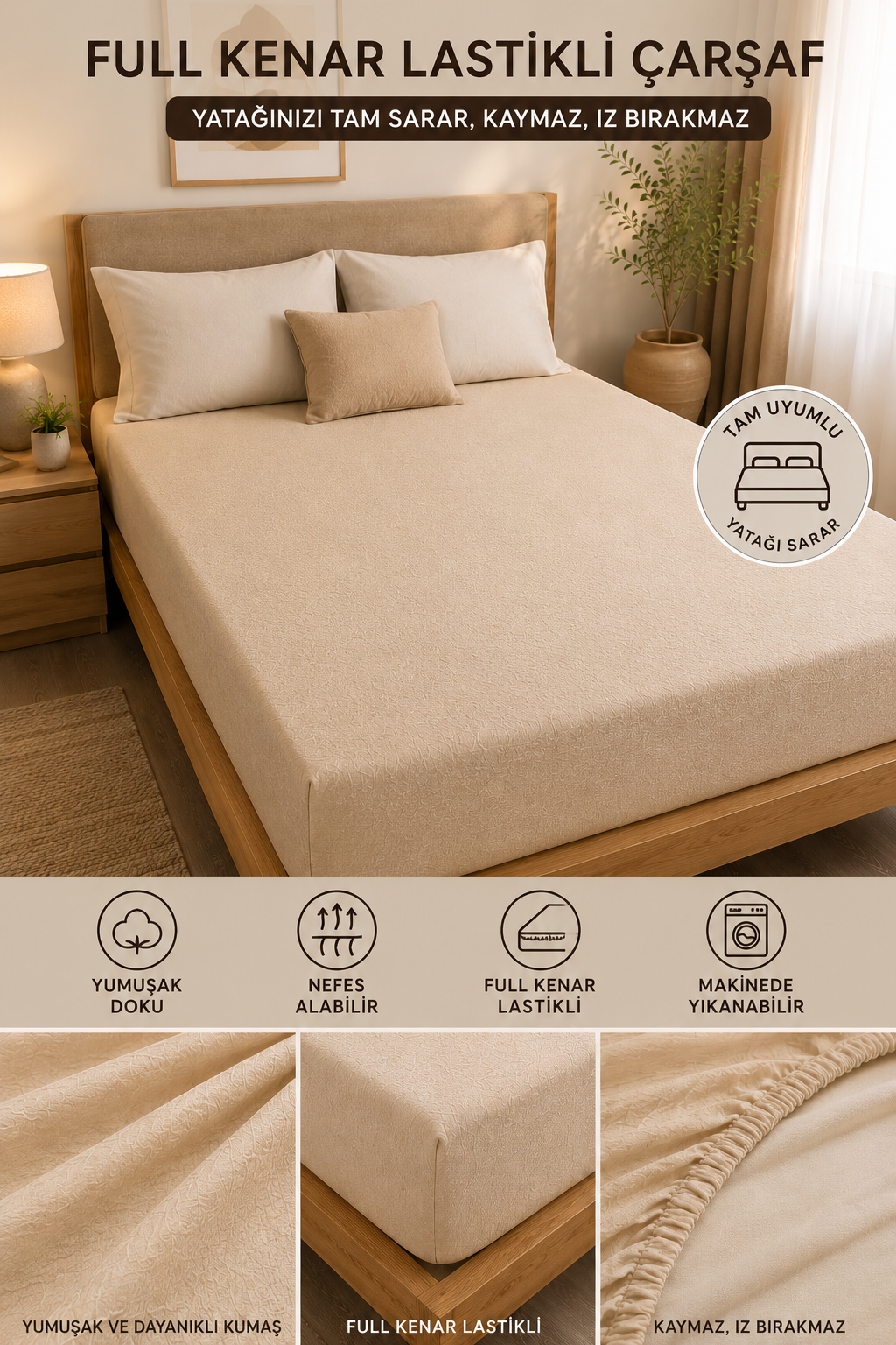 Sleep Garden Premium Krinkıl Lastikli Krem Çarşaf Nefes Alan Yumuşak Kumaş Tam Kenar Lastikli Sleep Garden
