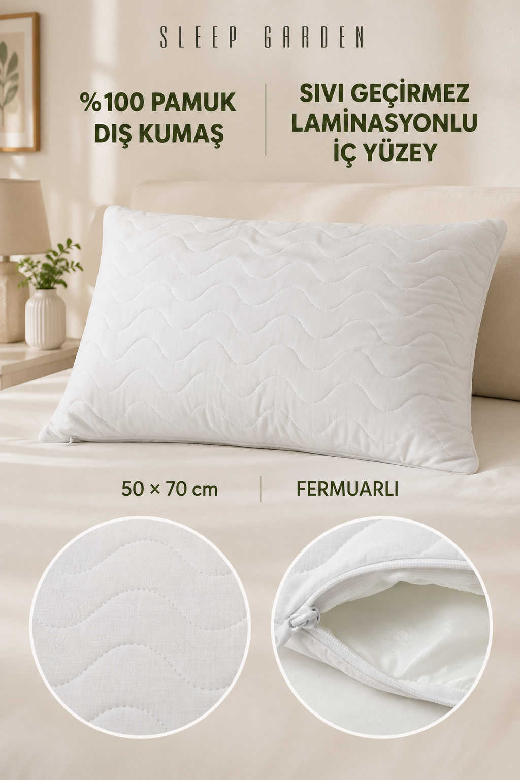 Sleep Garden Ranforce %100 Pamuk Kapitoneli Sıvı Geçirmez Yastık Alezi 50x70 Sleep Garden Ranforce Pamuklu Yastık Koruyucu Alez 50X70Sleep Garden