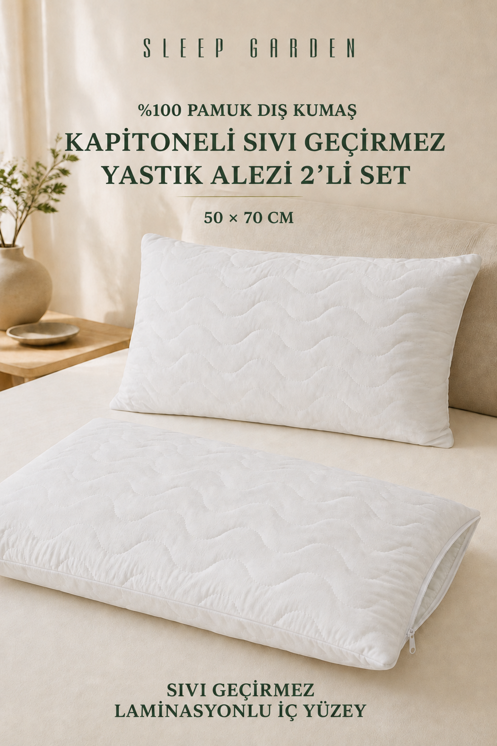 Sleep Garden Ranforce %100 Pamuk Kapitoneli Sıvı Geçirmez Yastık Alezi 50x70 2 AdetSleep Garden