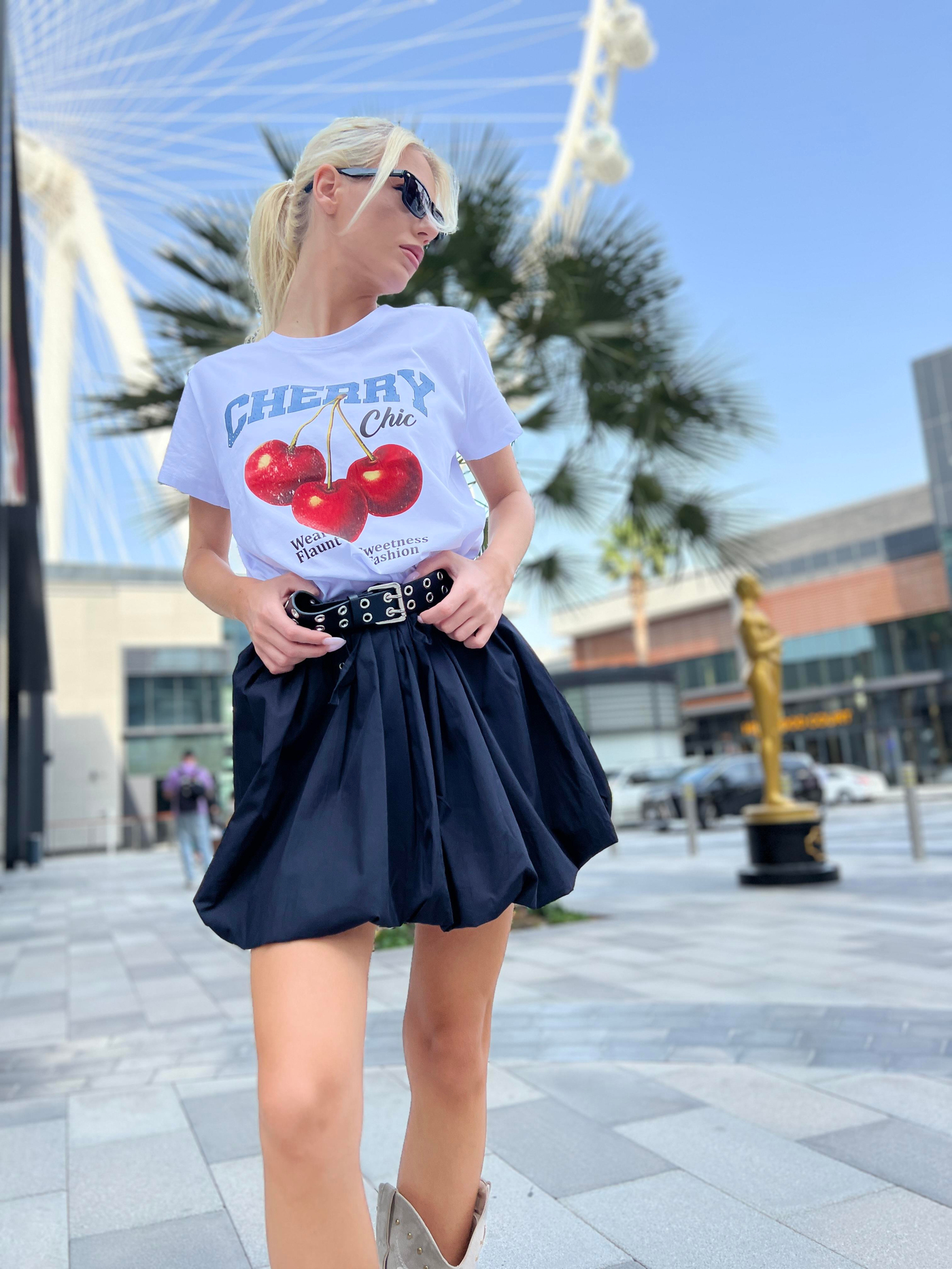 Cherry Chic Baskılı Siyah Oversize T-Shirt - 15509-18