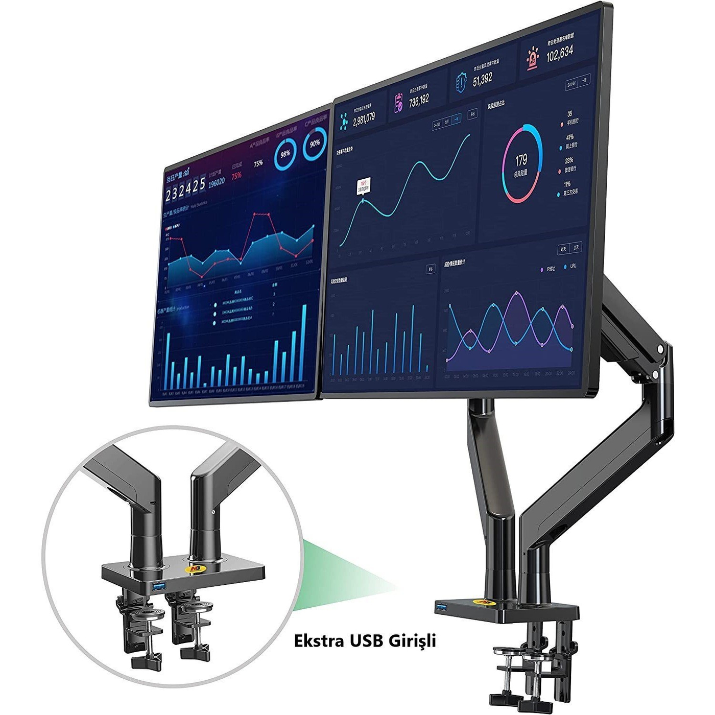 Powermaster 22-32 Amortisörlü Stand Çift Kol Lcd / Led Monitör Tutucu Stand Askı Aparatı G32