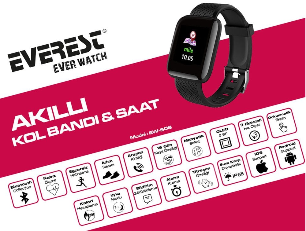 Everest EW-508 Everwatch Android-iOs Uyumlu Kalp Atışı Sensörlü Smart Akıllı Saat