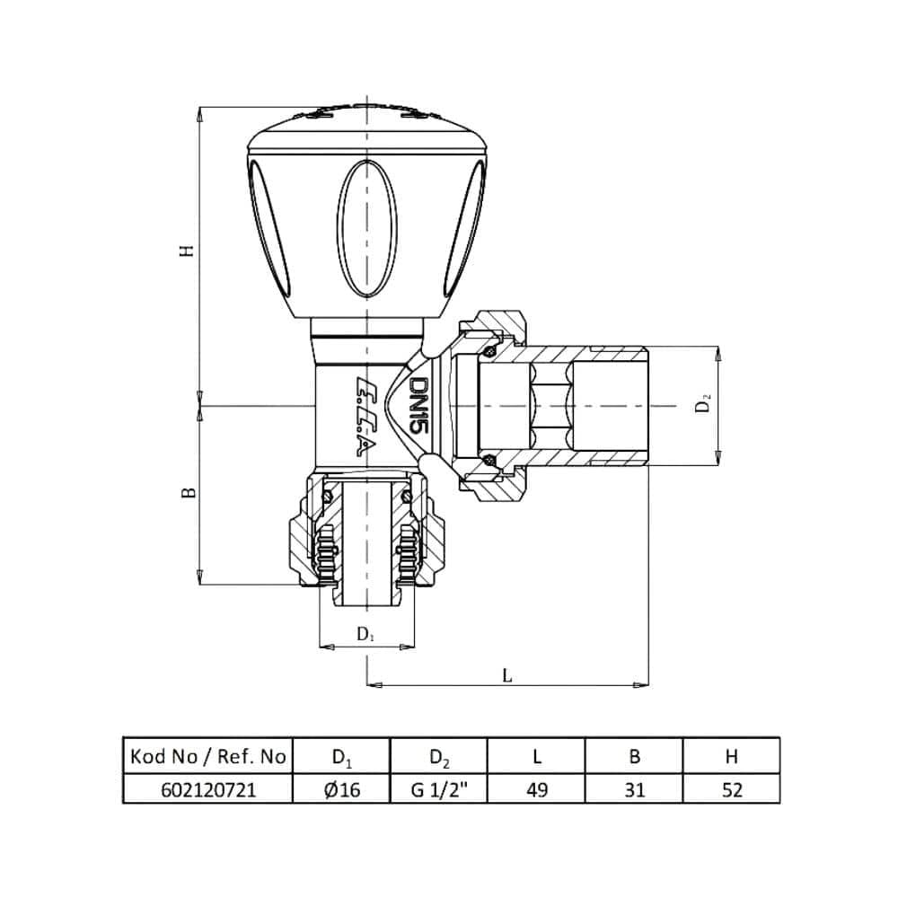 Eca RV3 Köşe Radyatör Vanası-Pex-1/2''x16 mm
