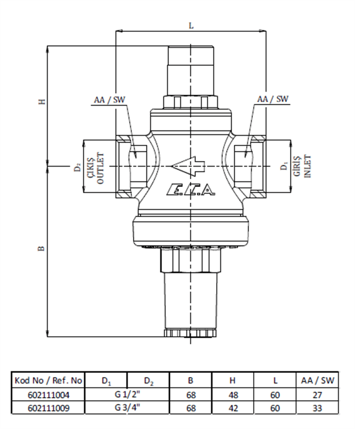 Eca Su Basınç Düşürücü Valf Rekorsuz DN20 - 3/4'' (İç Vida x İç Vida)