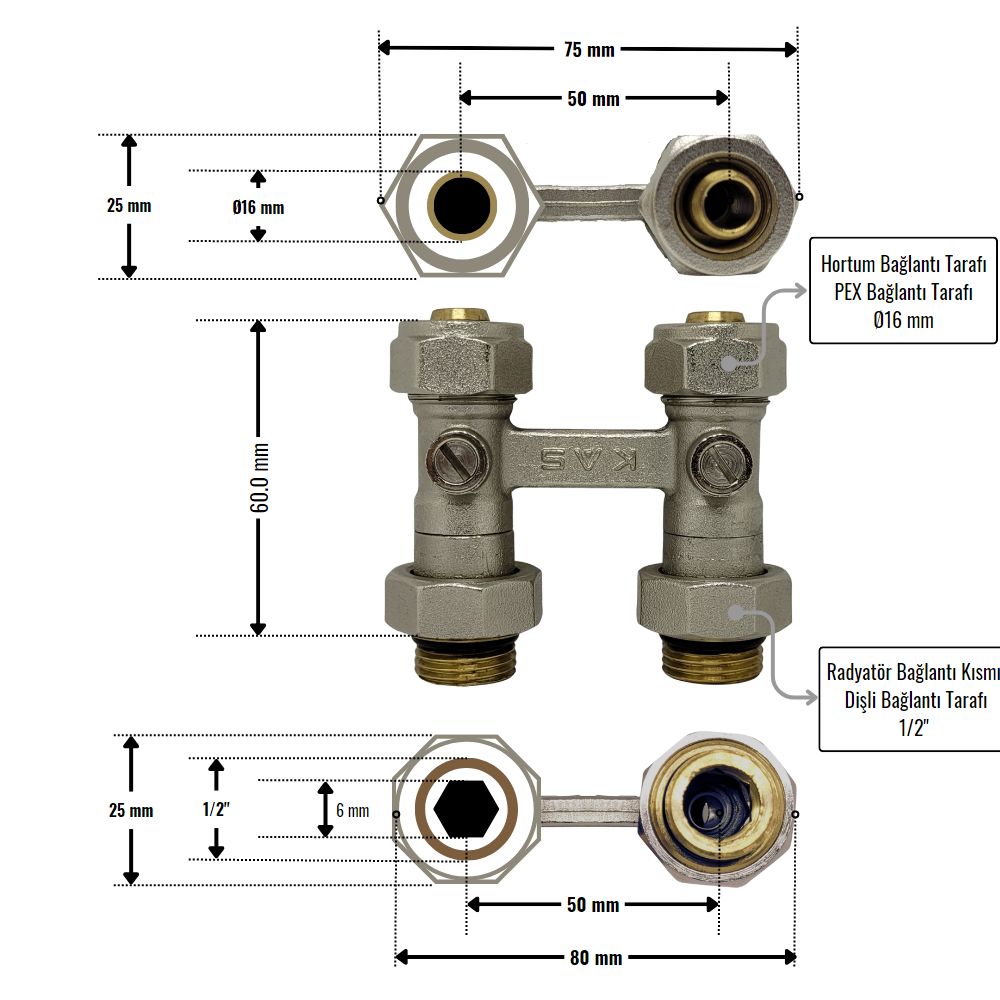 Pex H-Ventil Bağlantı Kollektörü Ø16x1/2 - Rekorlu