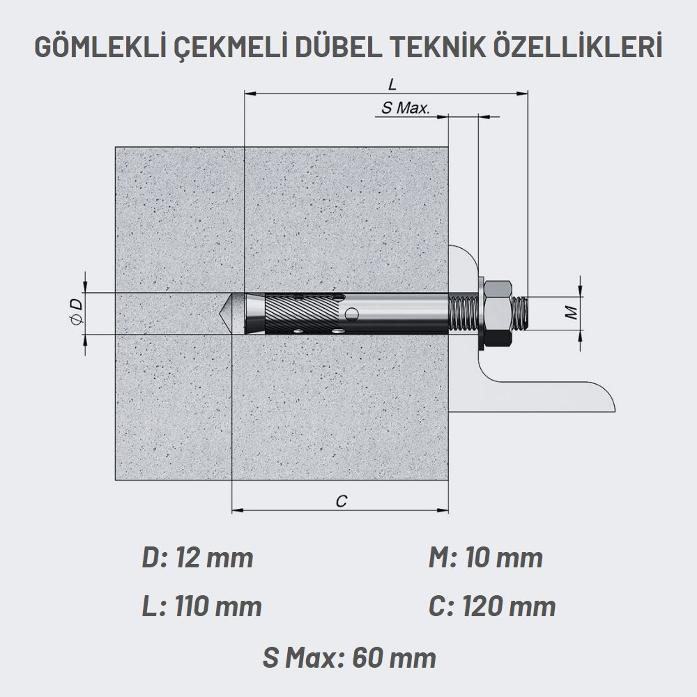 Gömlekli Çekmeli Metal Somunlu Dübel M10x110mm