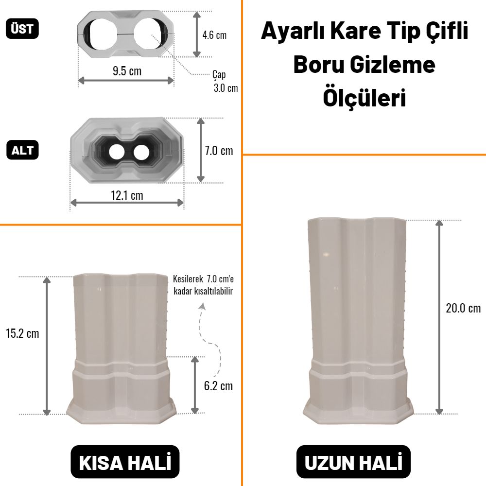 Uzun Çiftli Boru Gizleme Beyaz 20 cm