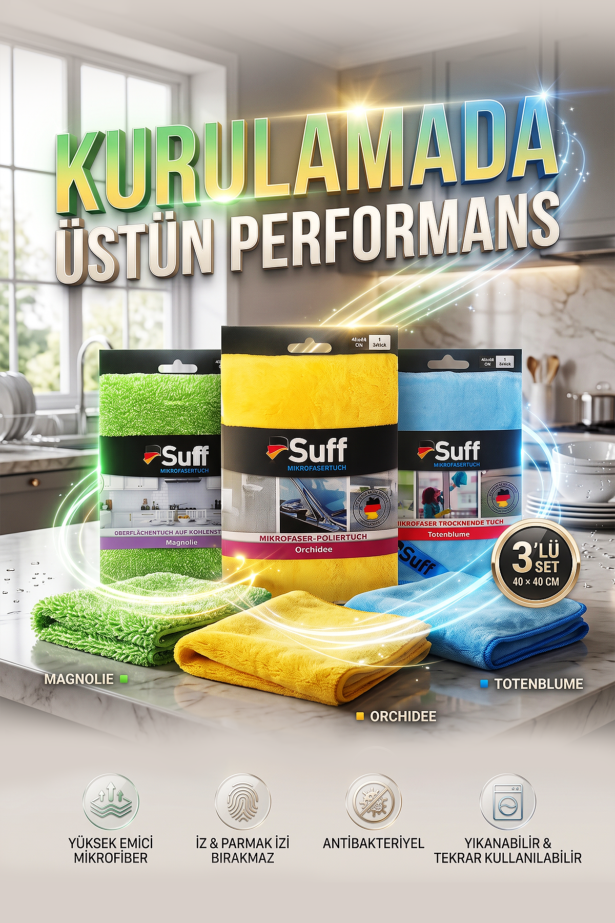 Suff 3lü Mikrofiber Kurulama Bezi Seti 40x40 cm İz Bırakmaz, Karbon Bazlı & Ekstra Tüylü Kurulama Bezi