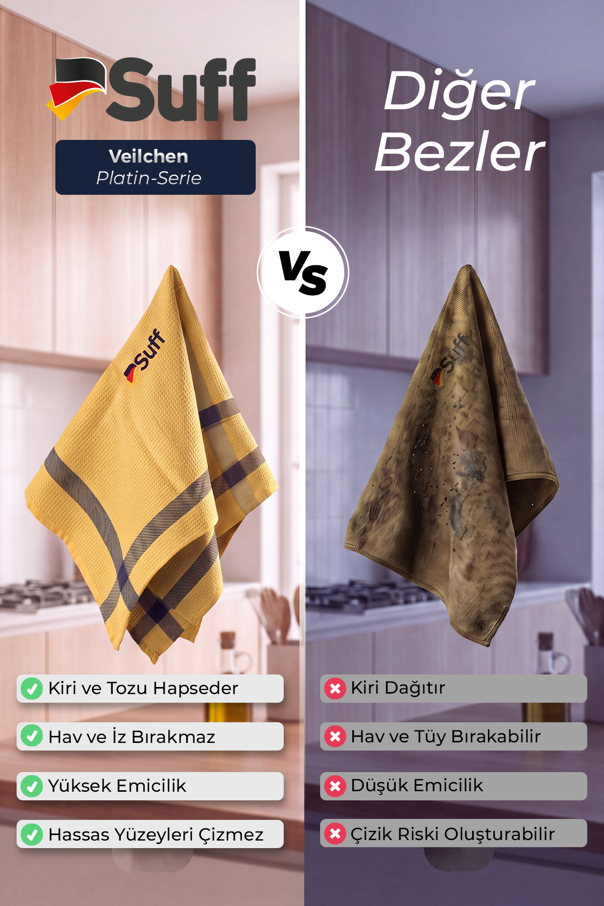 Suff Veilchen Platin Serie 3lü Mikrofiber Bez Seti İz Bırakmaz Çizmez Premium Mutfak Temizlik Bezi 60x40 cm
