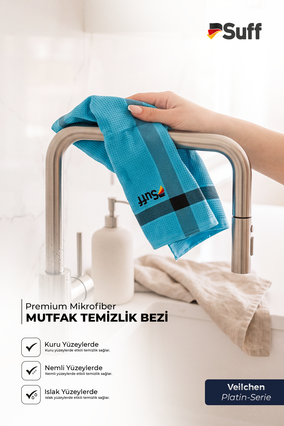 Suff Veilchen Platin Serie 3lü Mikrofiber Bez Seti İz Bırakmaz Çizmez Premium Mutfak Temizlik Bezi 60x40 cm