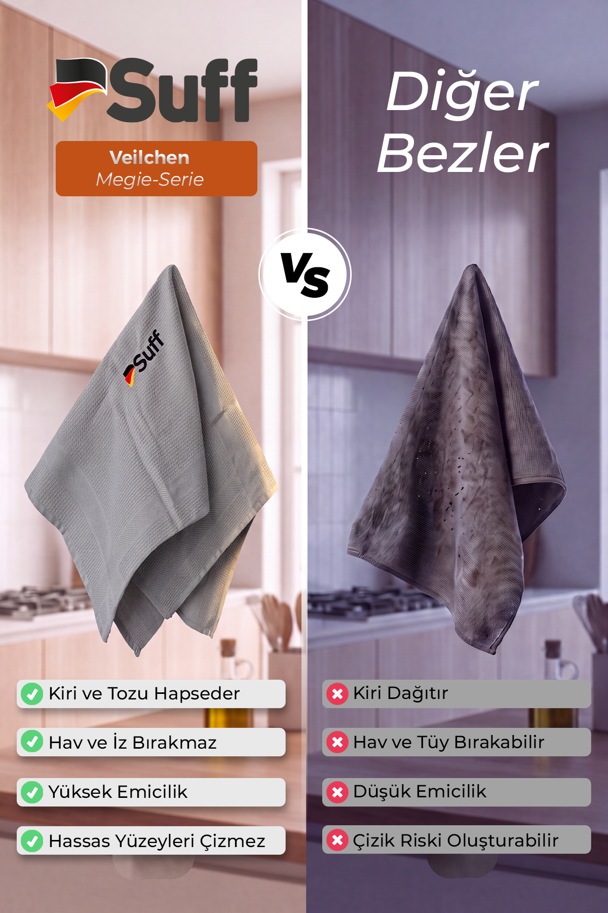 Suff Veilchen Magie Serie 3lü Mikrofiber Bez Seti İz ve Leke Bırakmayan Çok Amaçlı Mutfak Temizlik Bezi 60x40 cm