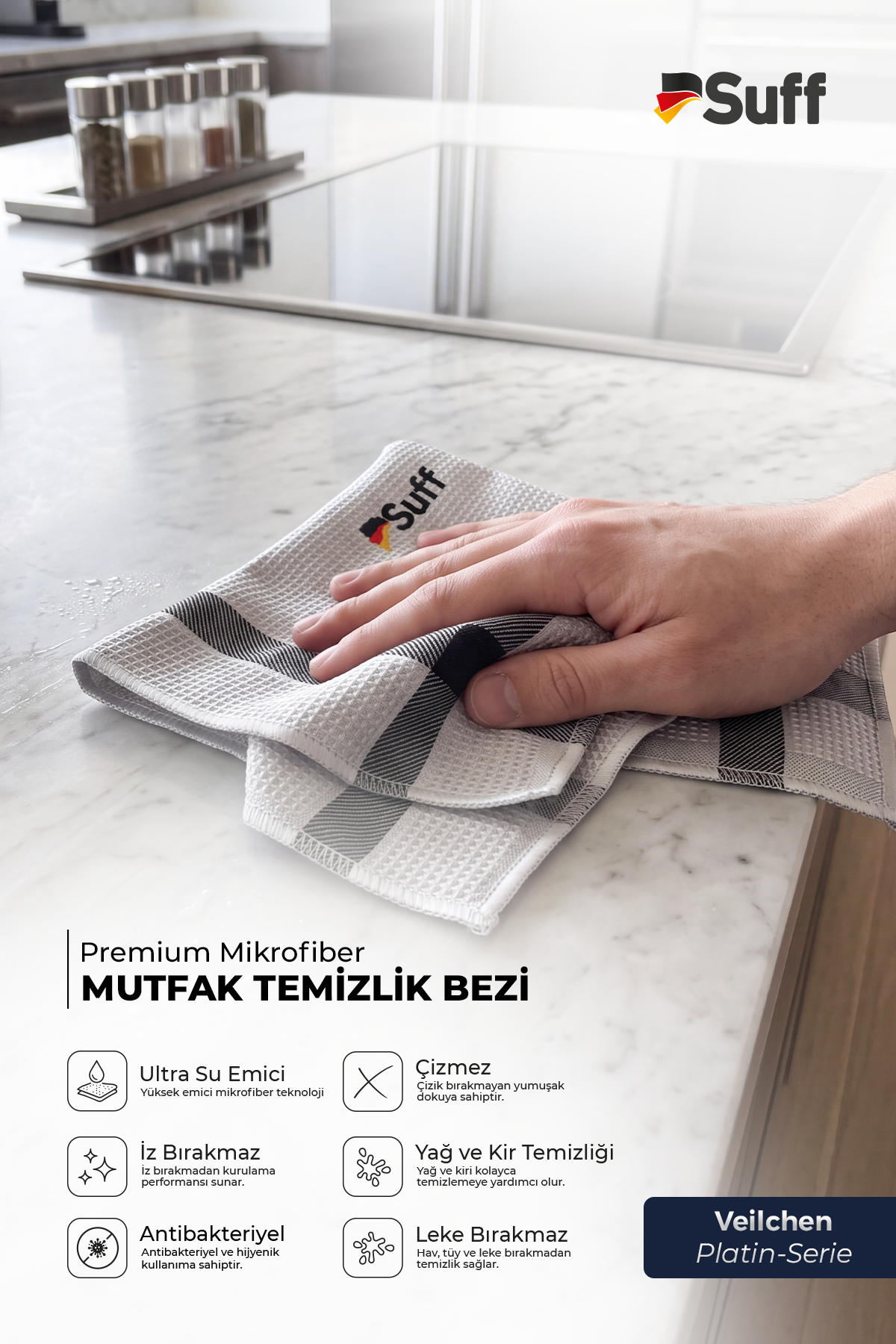 Suff Veilchen Platin Serie 3lü Mikrofiber Bez Seti İz Bırakmaz Çizmez Premium Mutfak Temizlik Bezi 60x40 cm