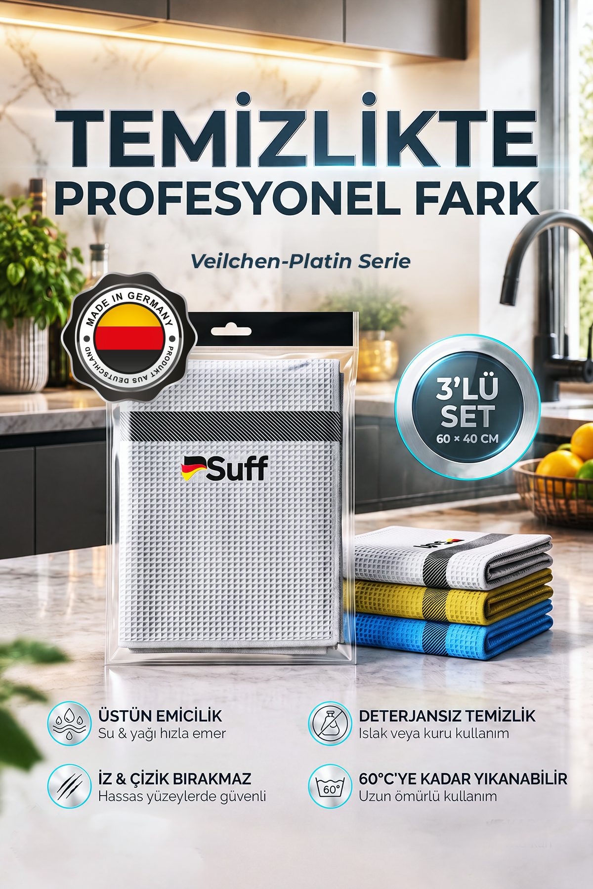 Suff Veilchen Platin Serie 3lü Mikrofiber Bez Seti İz Bırakmaz Çizmez Premium Mutfak Temizlik Bezi 60x40 cm