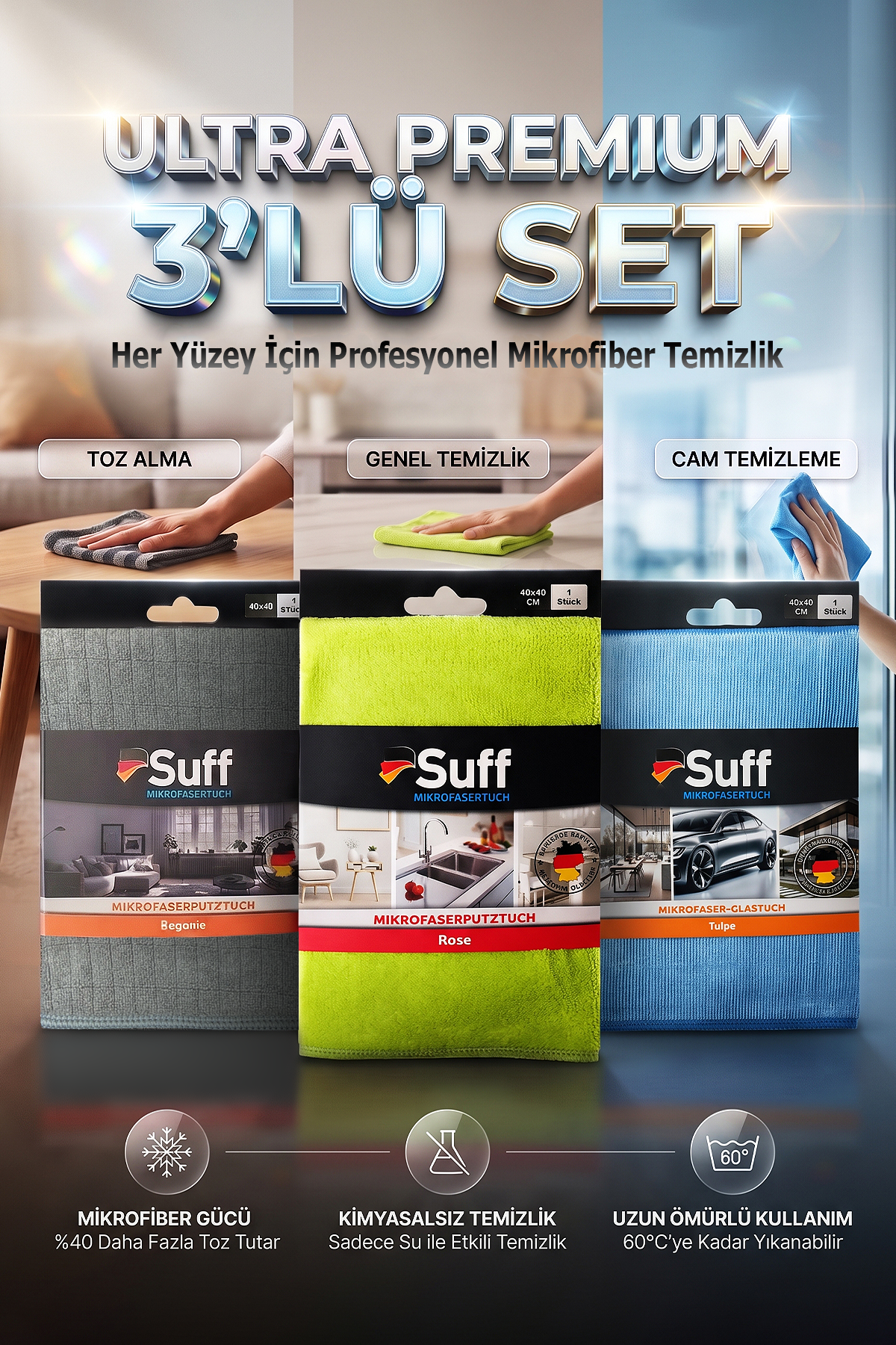 Suff 3'lü Premium Mikrofiber Temizlik Bezi Seti 40x40 cm | Cam, Mobilya ve Genel Temizlik