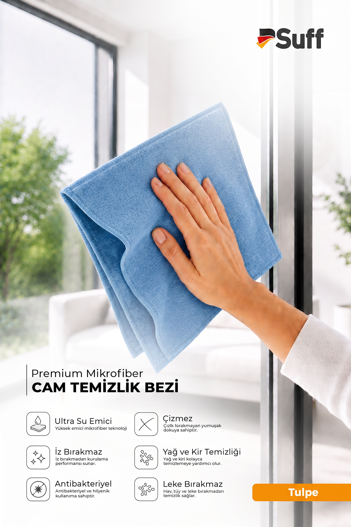 Suff 3'lü Premium Mikrofiber Temizlik Bezi Seti 40x40 cm | Cam, Mobilya ve Genel Temizlik