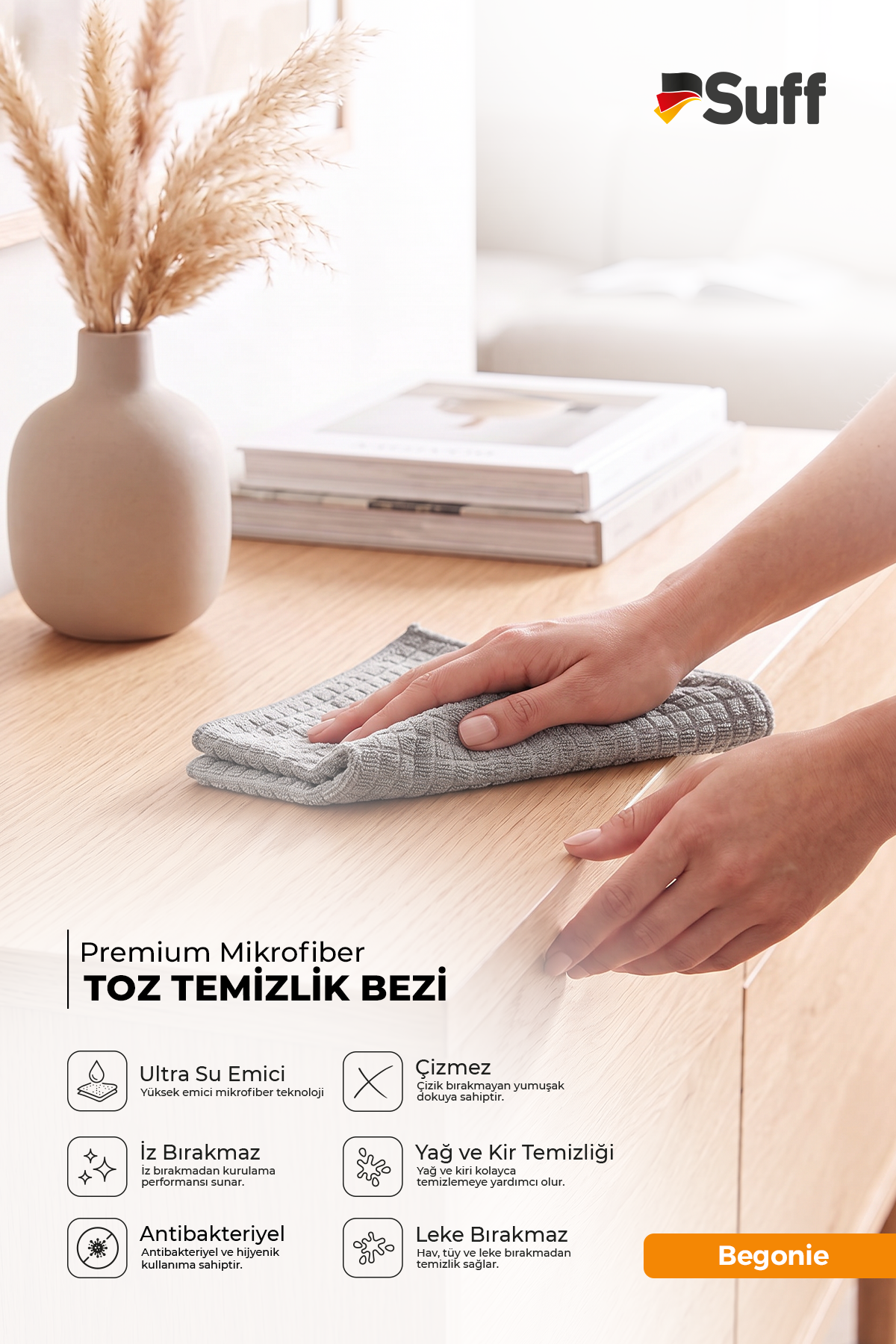 Suff 3'lü Premium Mikrofiber Temizlik Bezi Seti 40x40 cm | Cam, Mobilya ve Genel Temizlik