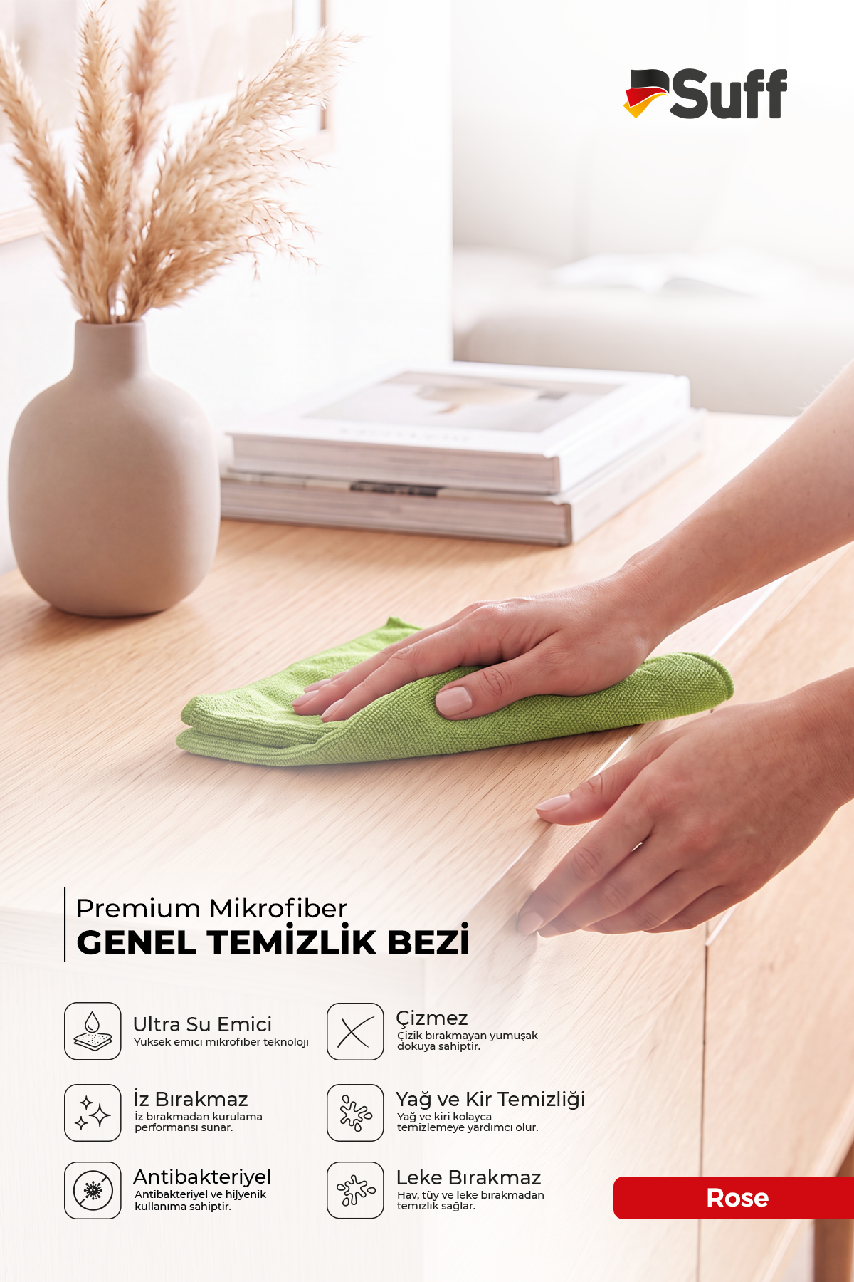 Suff 3'lü Premium Mikrofiber Temizlik Bezi Seti 40x40 cm | Cam, Mobilya ve Genel Temizlik