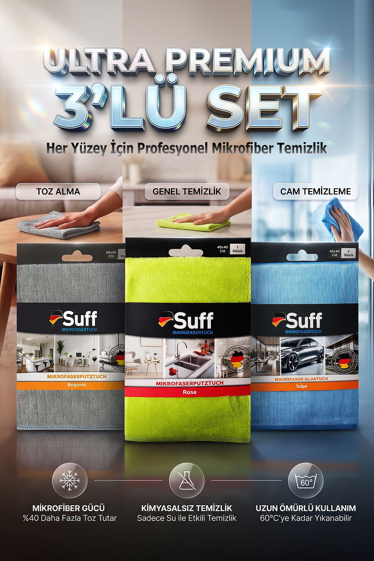 Suff 3'lü Premium Mikrofiber Temizlik Bezi Seti 40x40 cm | Cam, Mobilya ve Genel Temizlik