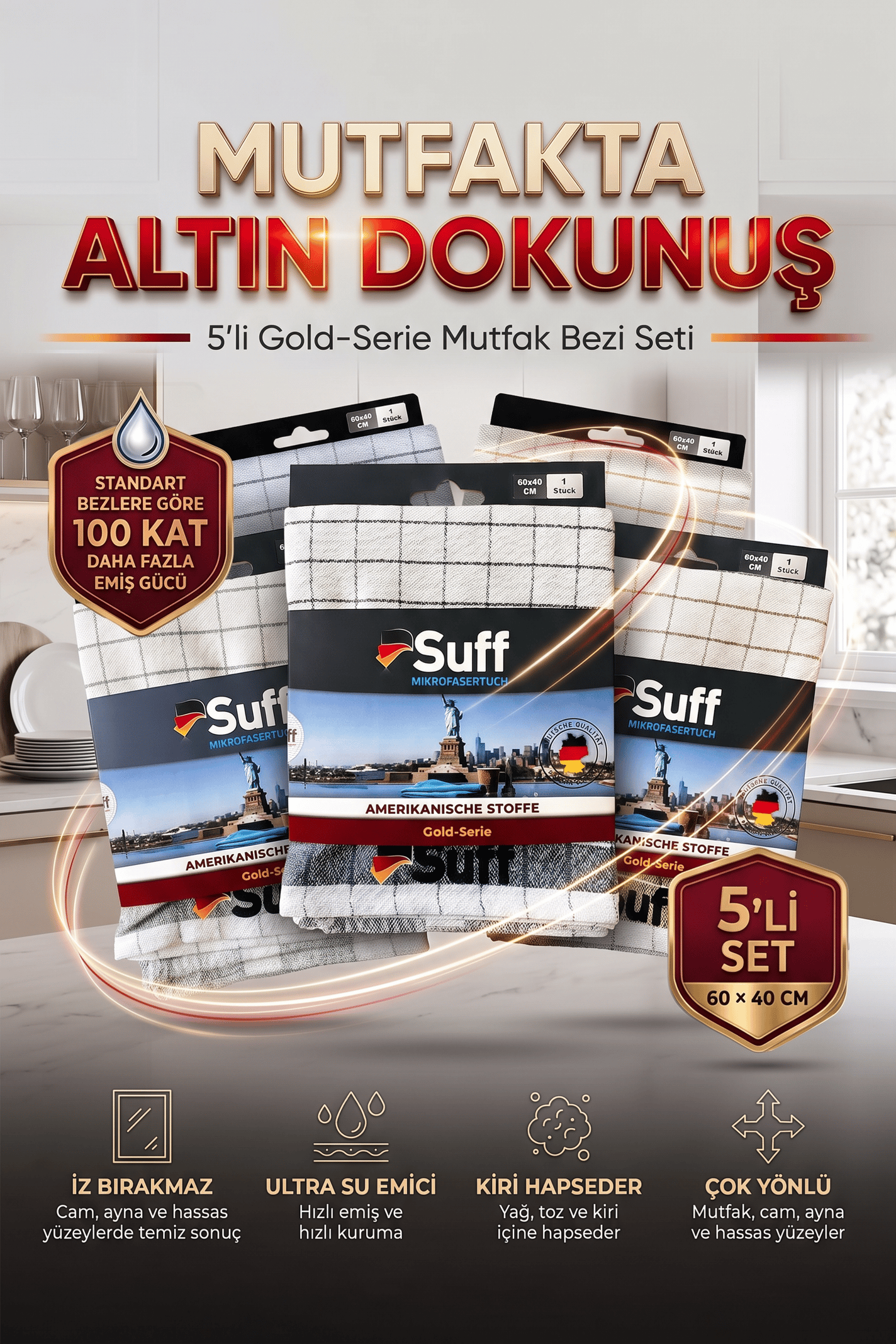 Suff Gold 5'li Mikrofiber Mutfak Bezi Seti 60x40 cm 320 GSM Yüksek Emici İz Bırakmaz Temizlik Bezi (5 Renk)