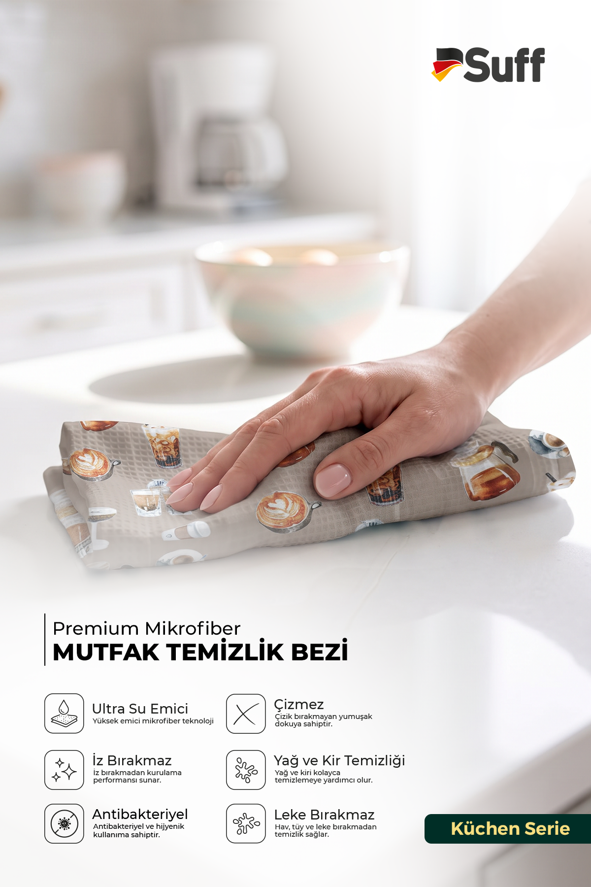 Suff Küchen 10'lu Mikrofiber Mutfak Bezi Seti 60x40 cm Dekoratif Desenli İz Bırakmaz Temizlik Bezi (10 Farklı Desen)