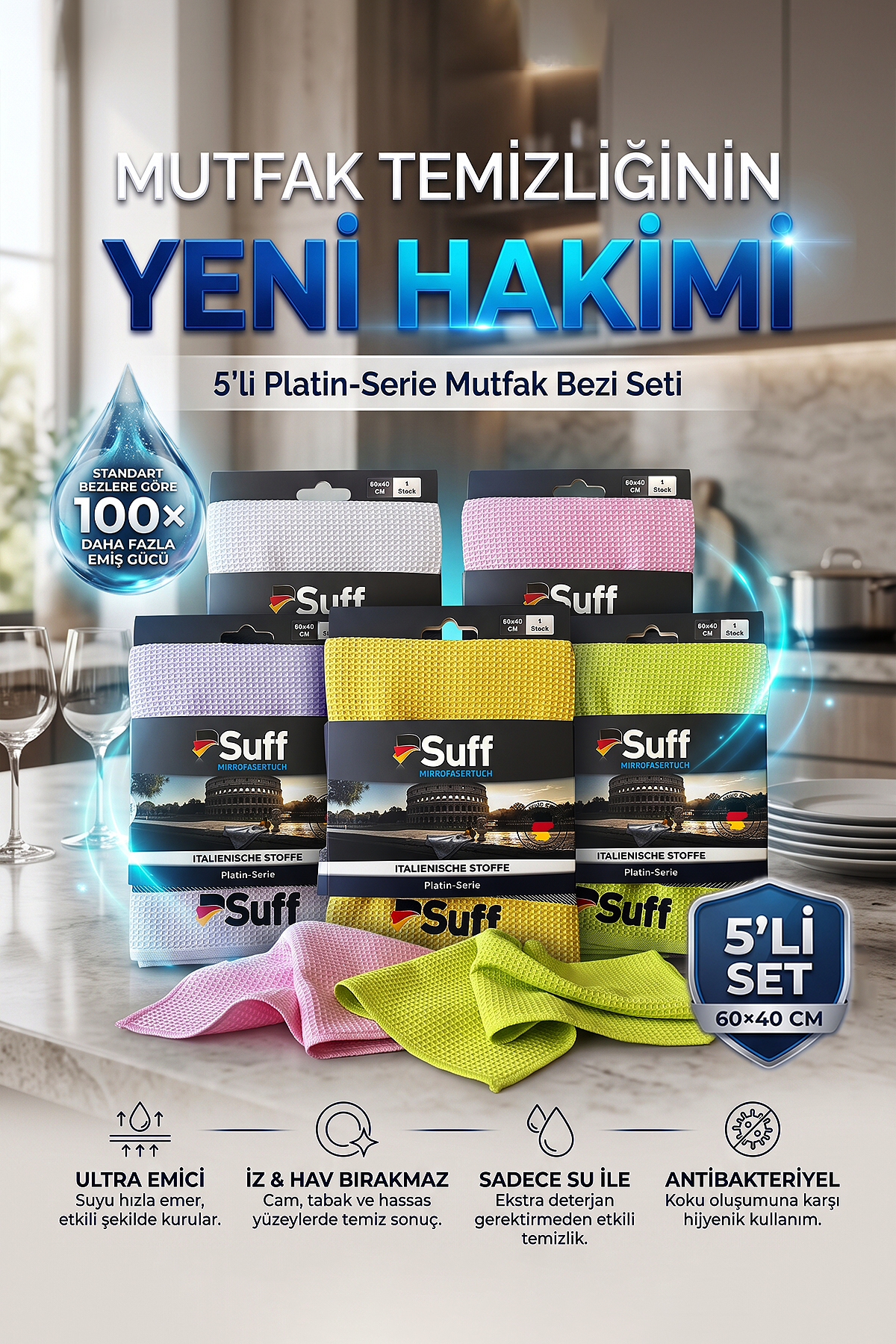 Suff Platin 5'li Mikrofiber Mutfak Bezi Seti 60x40 cm Petek Dokulu İtalyan Kumaşı İz Bırakmaz Temizlik Bezi (5 Renk)