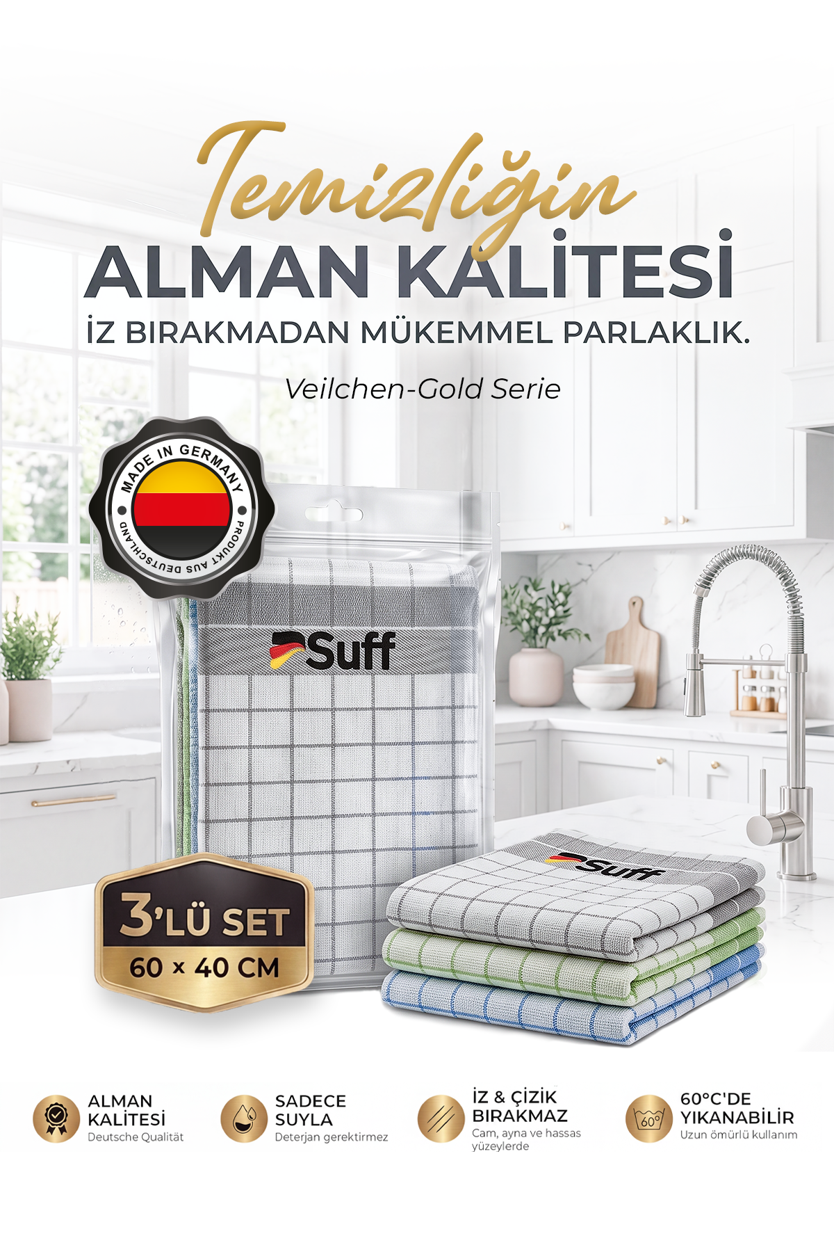 Suff Veilchen Gold Serisi Premium Mikrofiber 3'lü Set 60x40 cm | Mutfak Temizlik Bezi İz ve Hav Bırakmayan Su Emici