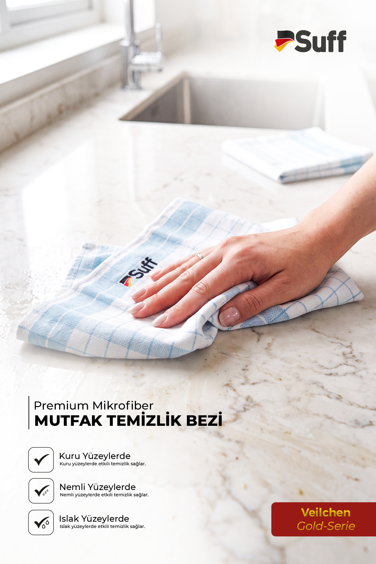 Suff Veilchen Gold Serisi Premium Mikrofiber 3'lü Set 60x40 cm | Mutfak Temizlik Bezi İz ve Hav Bırakmayan Su Emici
