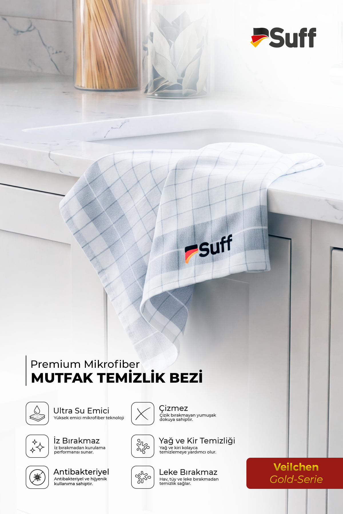 Suff Veilchen Gold Serisi Premium Mikrofiber 3'lü Set 60x40 cm | Mutfak Temizlik Bezi İz ve Hav Bırakmayan Su Emici