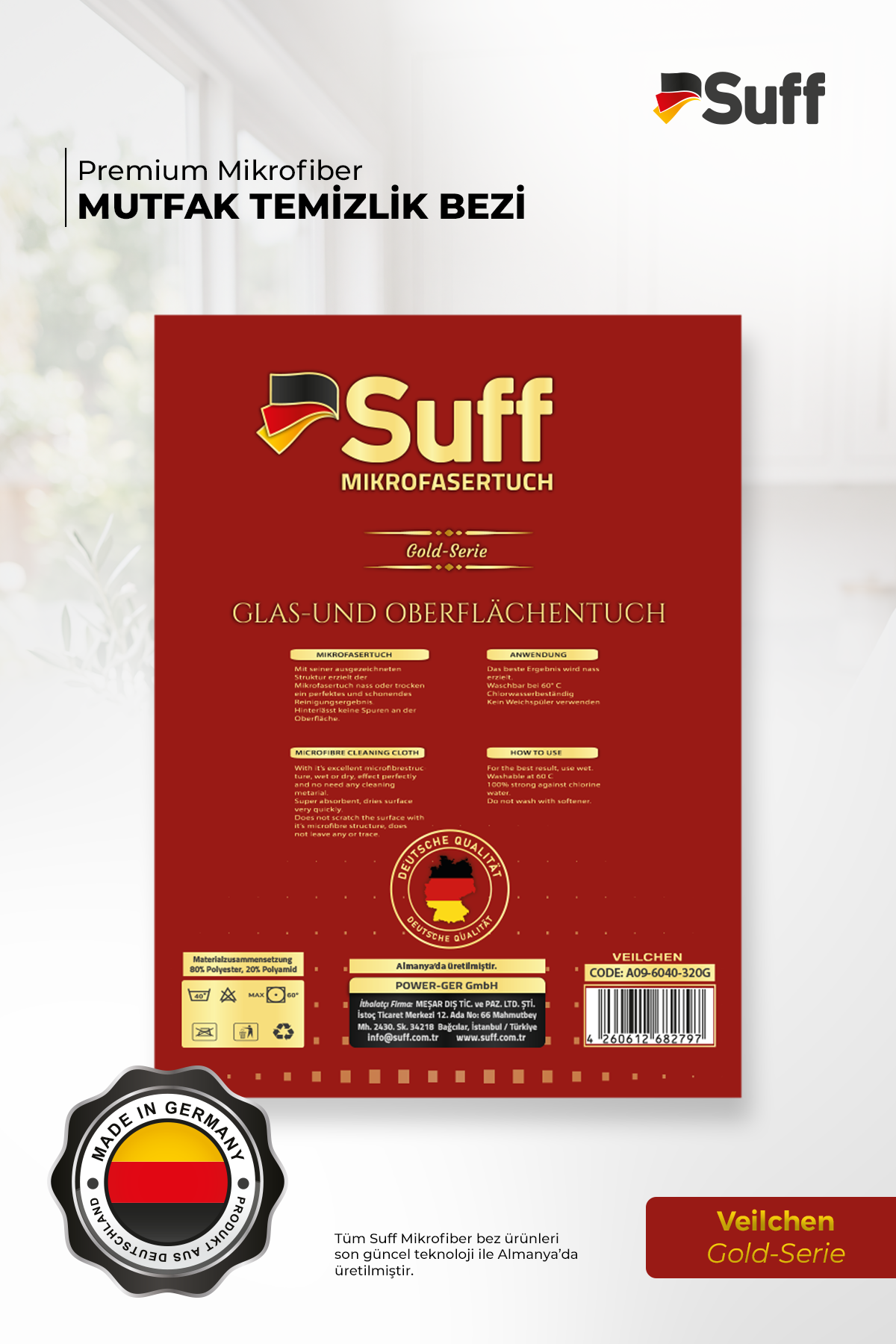 Suff Veilchen Gold Serisi Premium Mikrofiber 3'lü Set 60x40 cm | Mutfak Temizlik Bezi İz ve Hav Bırakmayan Su Emici