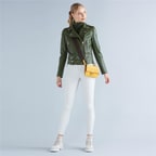 Aletta Yeşil Kadın Biker Deri Ceket