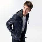 Analu Mavi Erkek Kapüşonlu Deri Mont