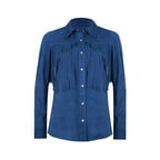 Breahne Mavi Kadın Püsküllü Western Süet Deri Gömlek