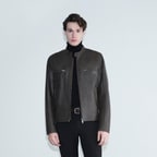 Erkek Kahve Hakim Yakalı Fit Deri Ceket