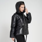 Julie Siyah Kadın Kapüşonlu Puffer Deri Mont