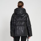 Julie Siyah Kadın Kapüşonlu Puffer Deri Mont