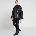 Julie Siyah Kadın Kapüşonlu Puffer Deri Mont