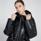 Julie Siyah Kadın Kapüşonlu Puffer Deri Mont