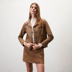 Kadın Açık Kahve Kısa Gömlek Yaka Deri Ceket