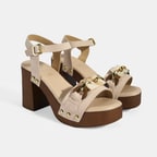 Kadın Bej Aksesuar Detaylı Ayarlanabilir Tokalı Süet Topuklu Sandalet