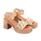 Kadın Bej Hasır Topuklu Deri Sandalet