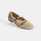 Kadın Bej Metal Toka Aksesuarlı Deri Babet