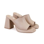 Kadın Bej Topuklu Napa Deri Terlik