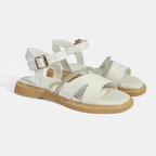 Kadın Beyaz Ayarlanabilir Tokalı Taş Detaylı Deri Sandalet