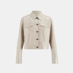 Kadın Beyaz Gömlek Yaka Metal Düğme Detaylı Deri Ceket 