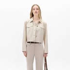 Kadın Beyaz Gömlek Yaka Metal Düğme Detaylı Deri Ceket 