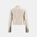 Kadın Beyaz Gömlek Yaka Metal Düğme Detaylı Deri Ceket 